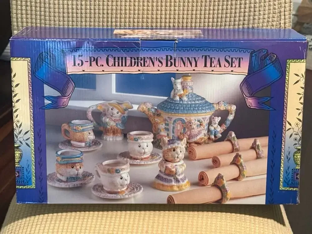 Vintage15-Piece Children's Bunny Tea Set Ceramic Hand-Painted Mercuries